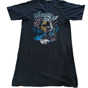 Volcom black short sleeved graphic T shirt, "Volcom Stone" spell out on back, XS